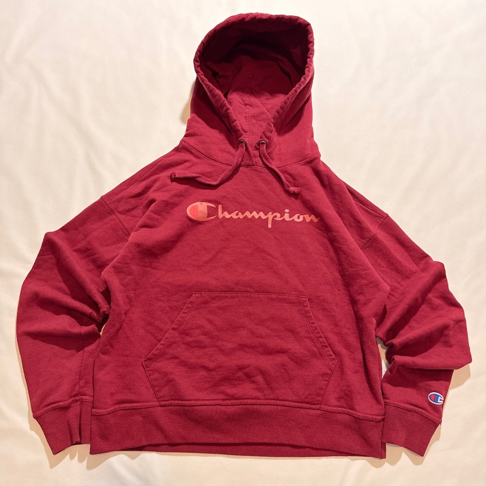 Champion Hoodie Women XS Burgundy Red Cropped Pullover Logo Sweatshirt
